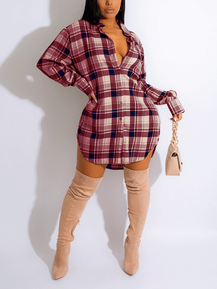 Plaid Button Long Sleeve Shirt Dress