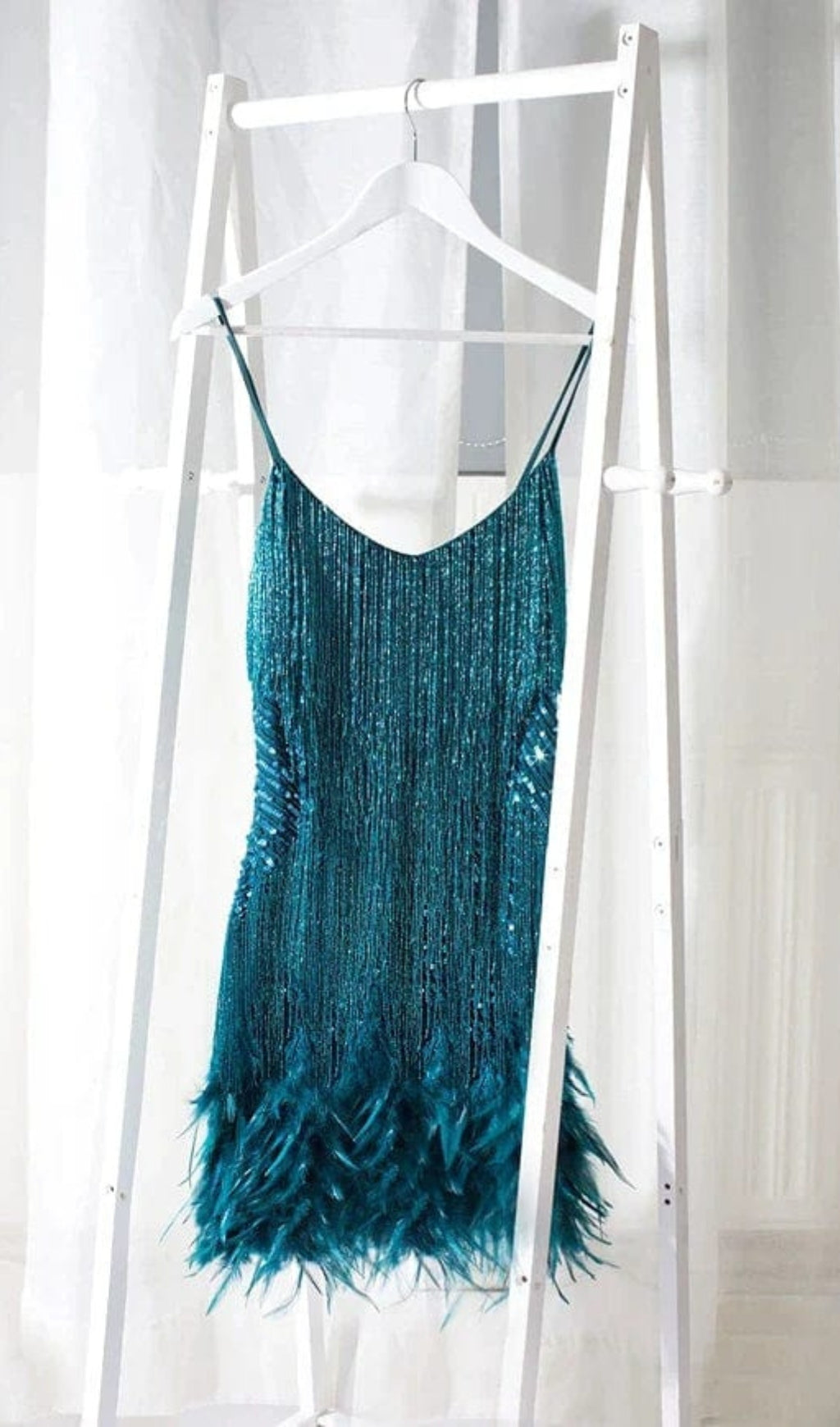 TASSEL FEATHER MINI DRESS IN DARK GREEN