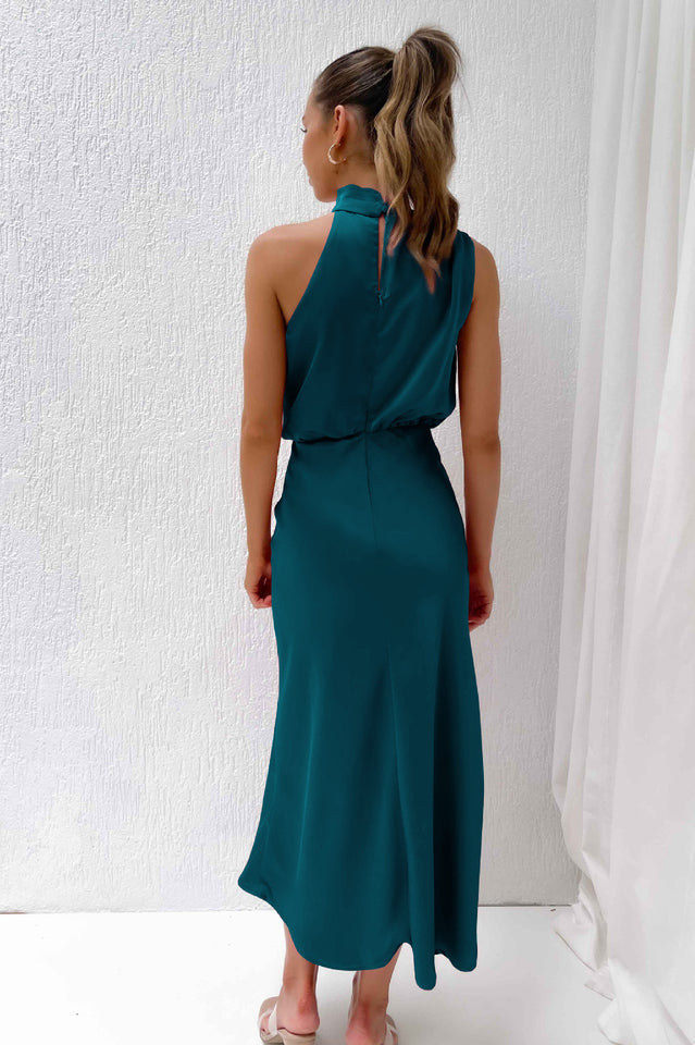 Neckholder-Brautjungfernkleid aus Satin mit ärmellosem Schnitt