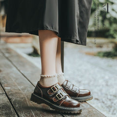 Retro Round Head Double Buckle Leather JK Loafers Shoes