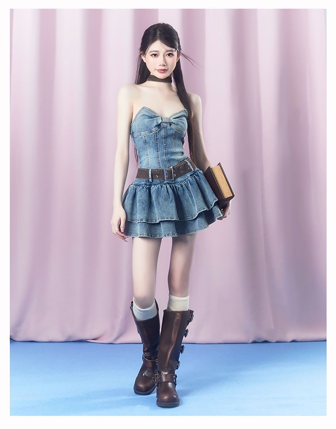 Ribbon chest strapless denim dress