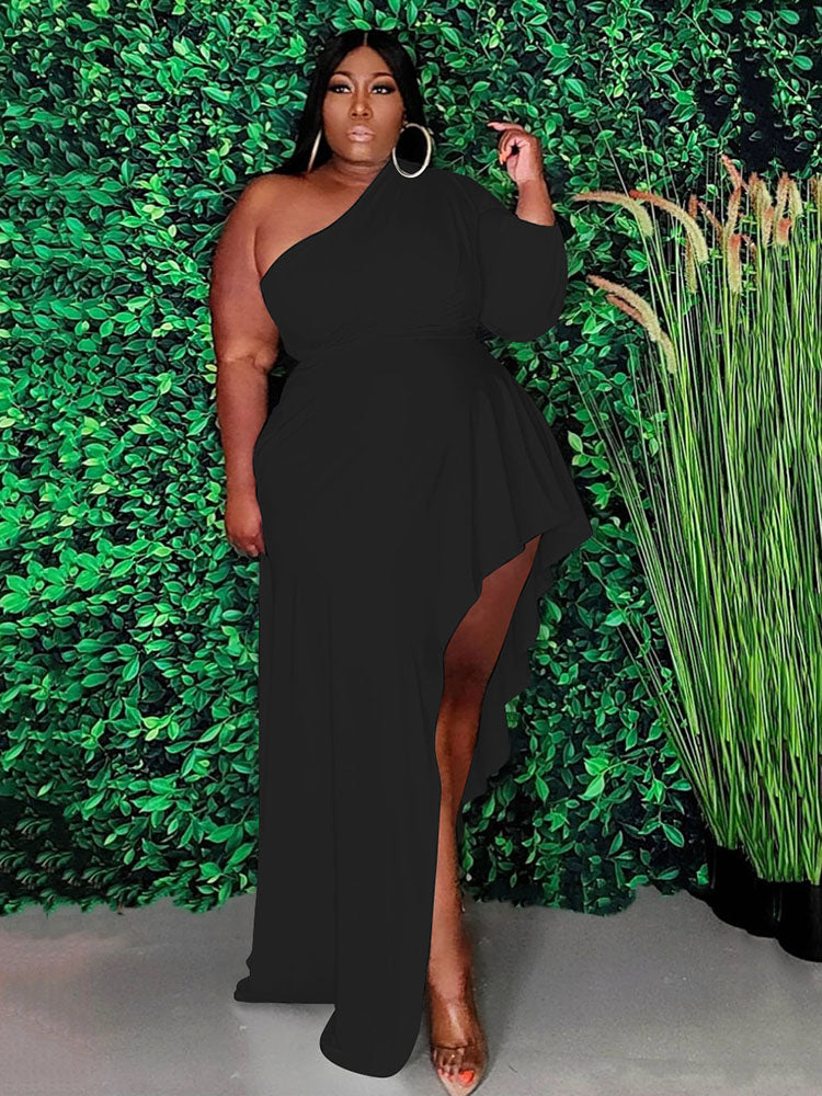Solid Oblique Collar Dresses