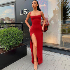 Chic Square Neck High Slit Bodycon Sleeveless Formal Maxi Dress - Black