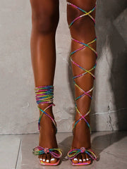 Bow Rhinestone Sequin Lace Up Sandals