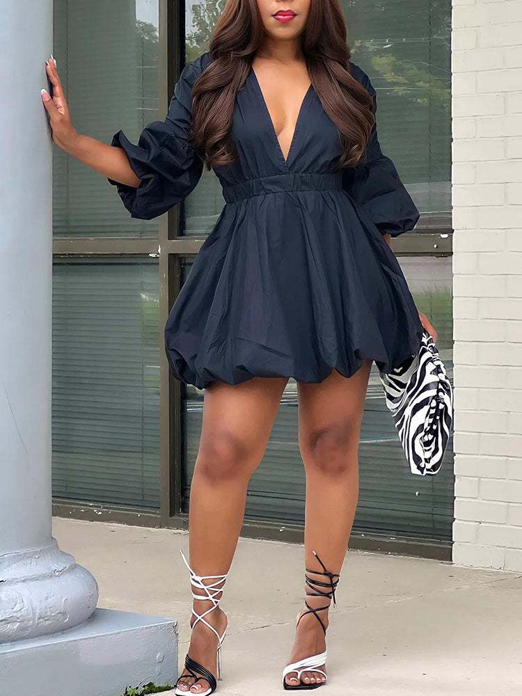 V Neck Lantern Half Sleeves Mini Dresses