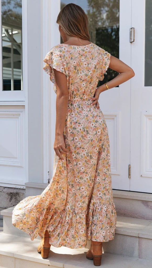 Sanae Floral Ruffle Cutout Maxi Dress - Pale Yellow