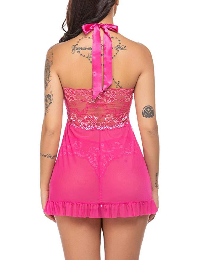 Damen Sexy Spitzen-Minikleid Perspektive Nachtwäsche Kleid Nachtwäsche Pyjamas Neckholder Dessous Sets Nachthemd mit G-String