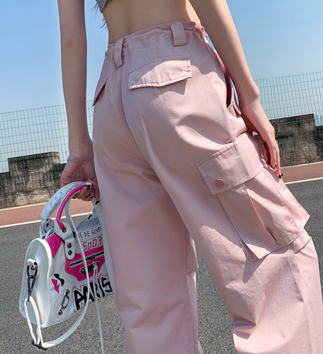 Ruched Pink Straight Leg Cargo Pants