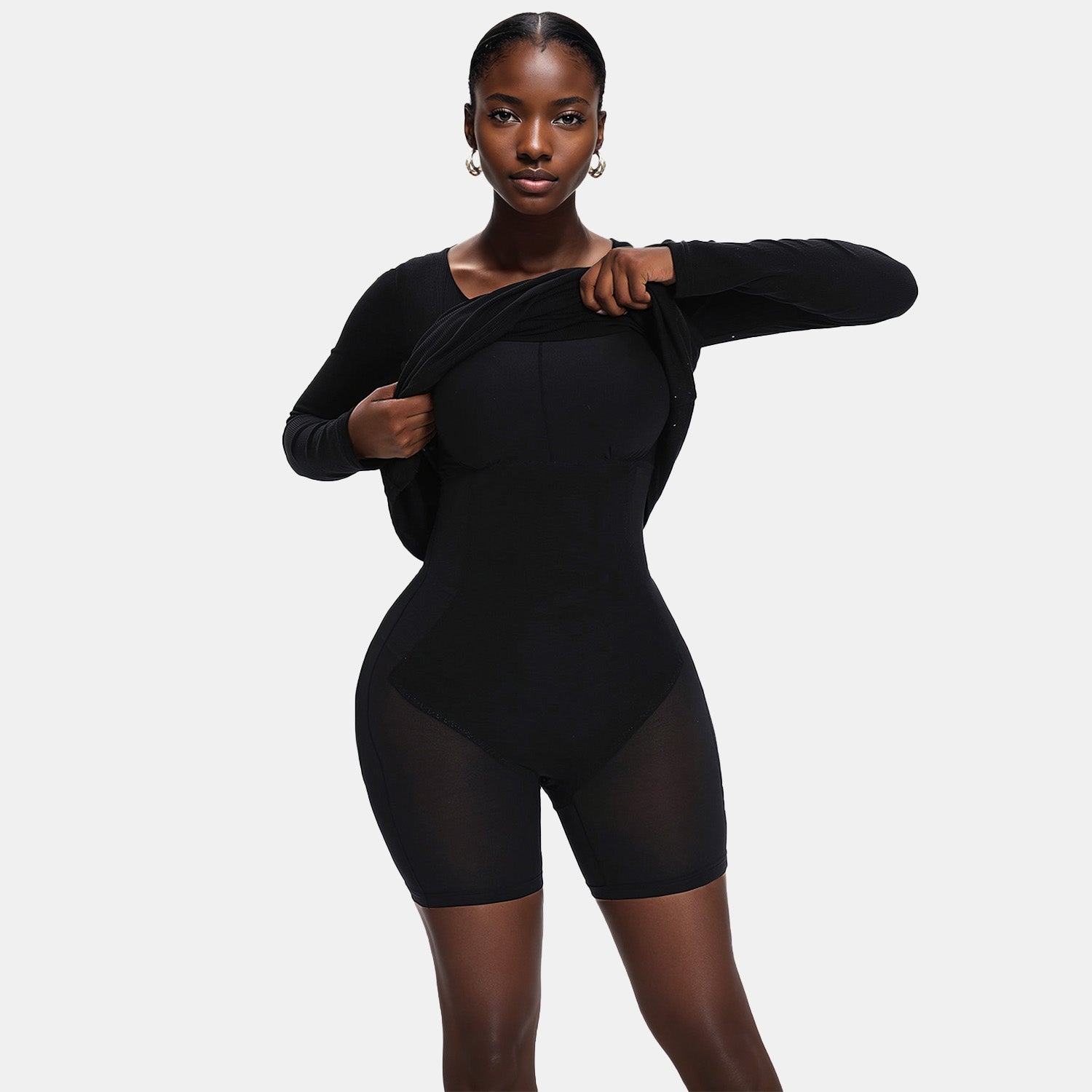 Built-In Shaper Long Sleeve Square Neck Maxi Dress