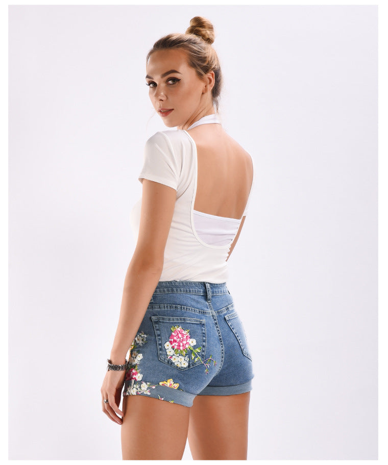 Vintage flower print denim shorts