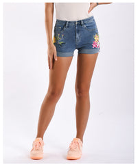 Vintage flower print denim shorts