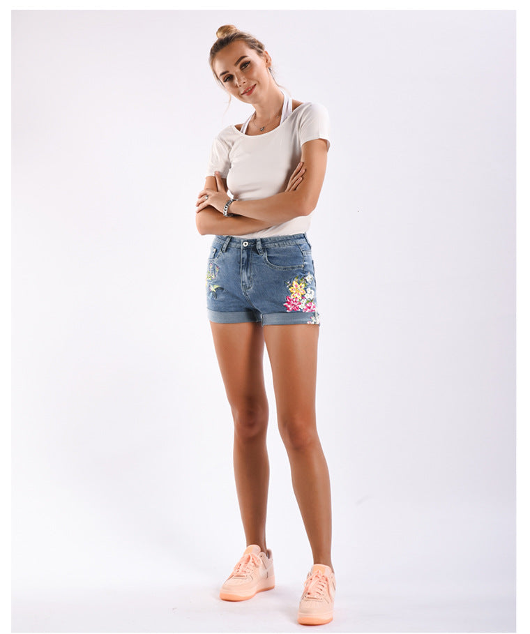 Vintage flower print denim shorts