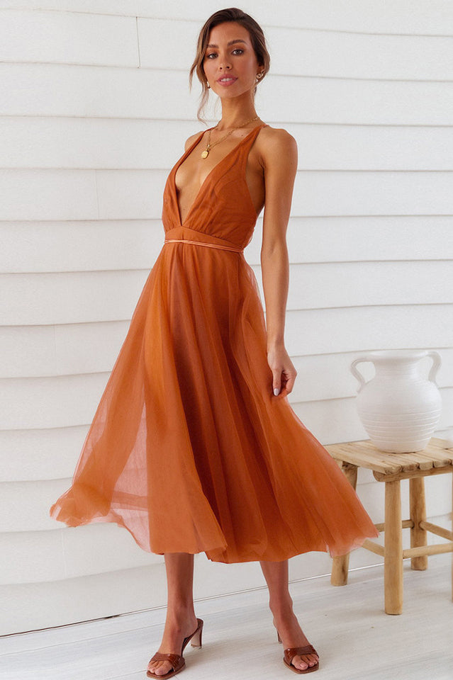 Plunging Neck Backless Mesh Midi Dress