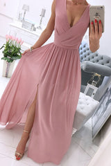 Solid Split Joint V Neck A Line Dresses