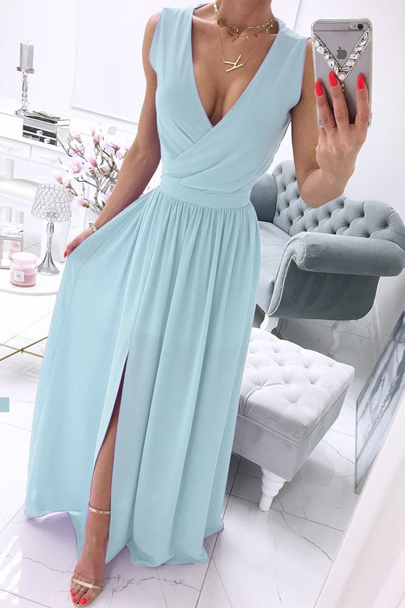 Solid Split Joint V Neck A Line Dresses