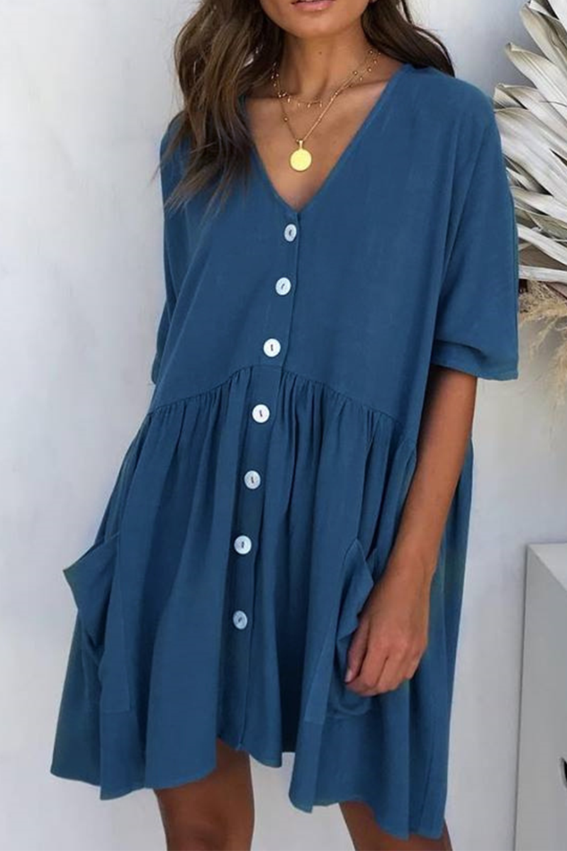 Solid Pocket Buckle V Neck A Line Dresses