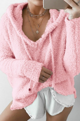 Solid Split Joint Draw String Hooded Collar Tops