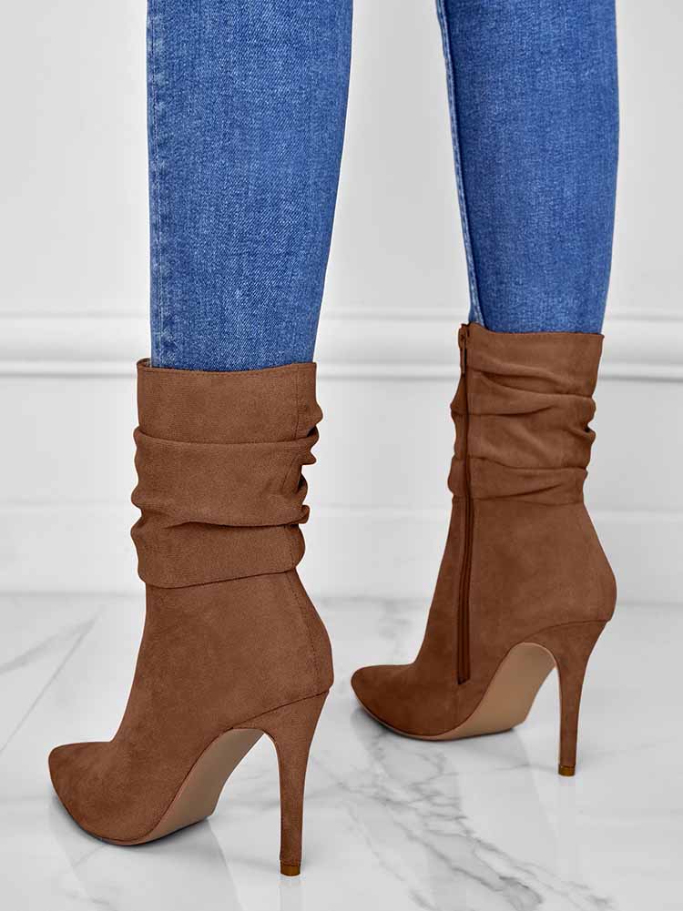 Ruched Stiletto Heeled Side Zipper Boots