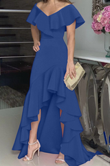 Solide Volant Off the Shoulder Unregelmäßige Kleid Kleider