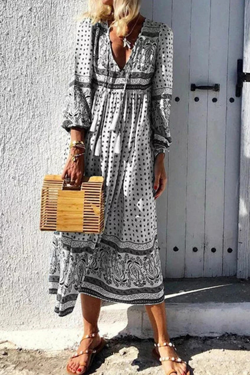 Print Split Joint V Neck Cake Skirt Dresses(4 colors) Ins Street