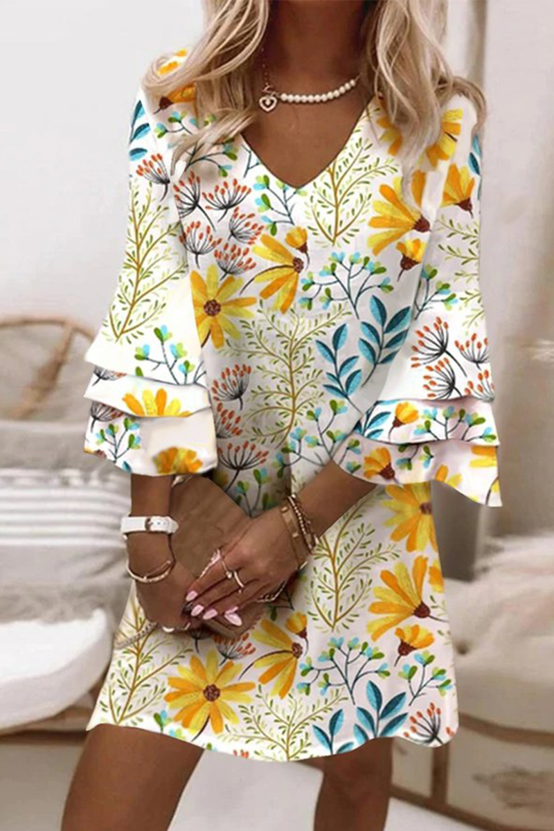 Print Flounce V Neck Straight Dresses(6 colors) Ins Street