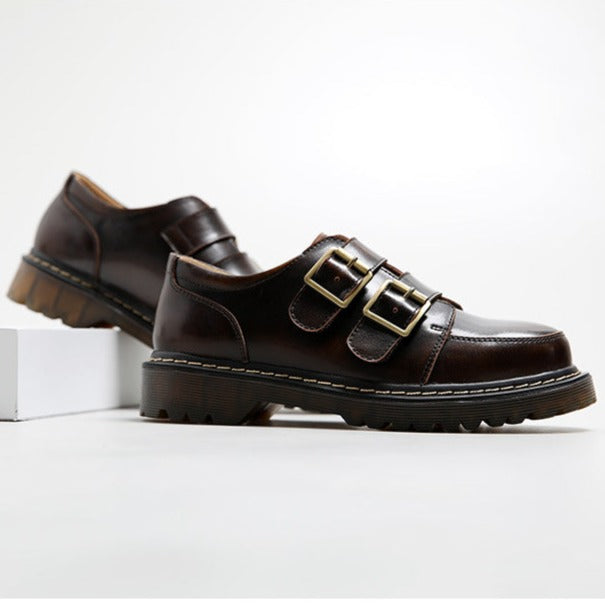 Retro Round Head Double Buckle Leather JK Loafers Shoes