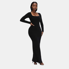 Built-In Shaper Long Sleeve Square Neck Maxi Dress
