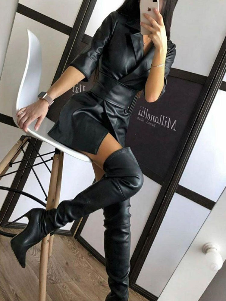 Solid Color Belt Bodycon Dress
