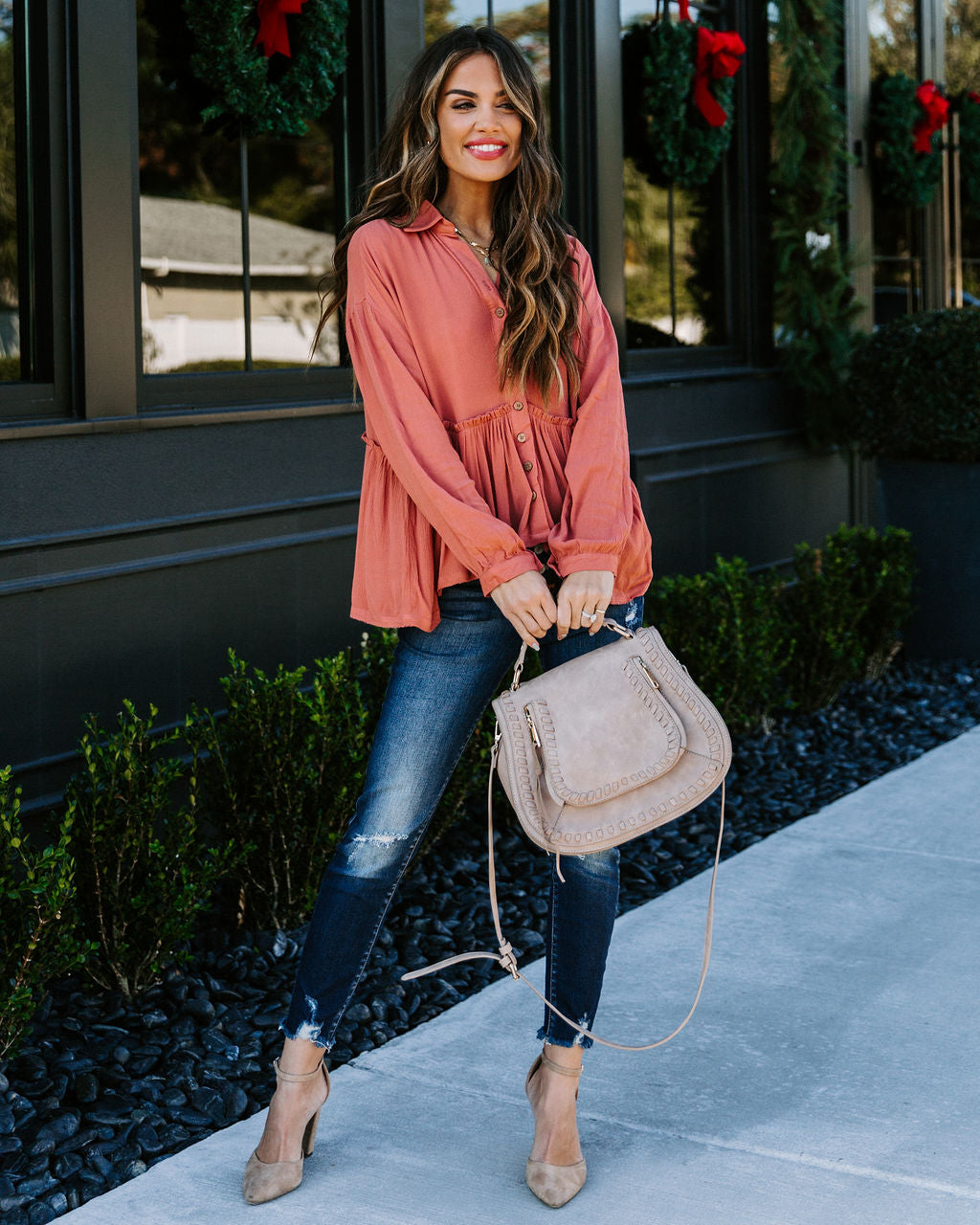 Grady Collared Button Down Peplum Top - Ginger