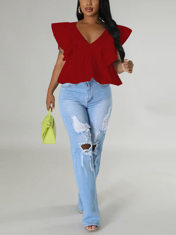 Sweet Printed Flounce V Neck Top
