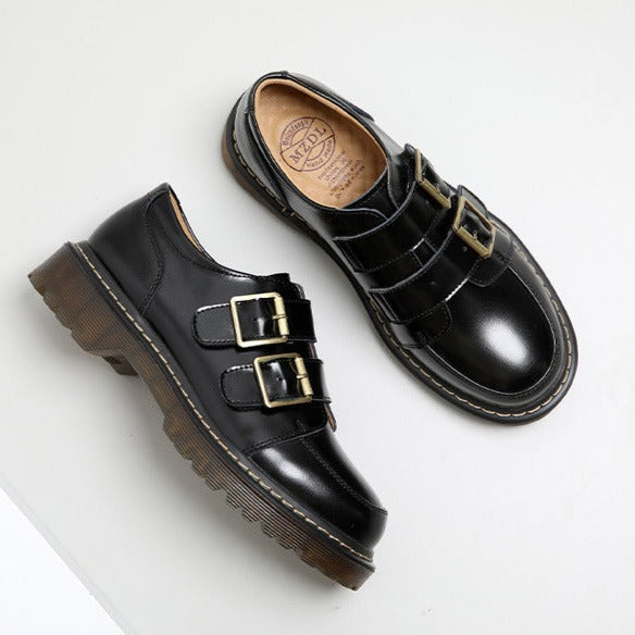 Retro Round Head Double Buckle Leather JK Loafers Shoes