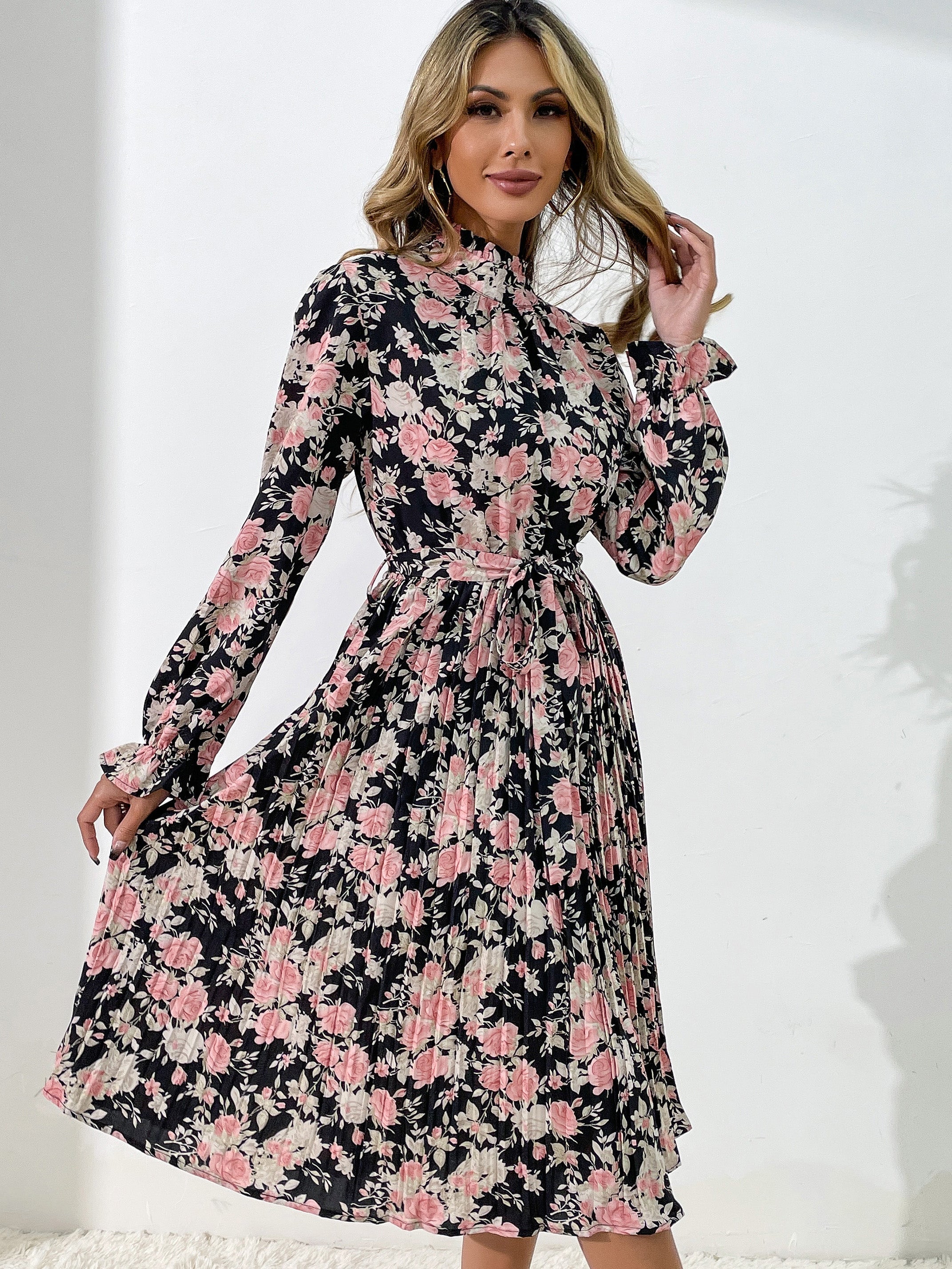 Printed high neck Pleated Dress