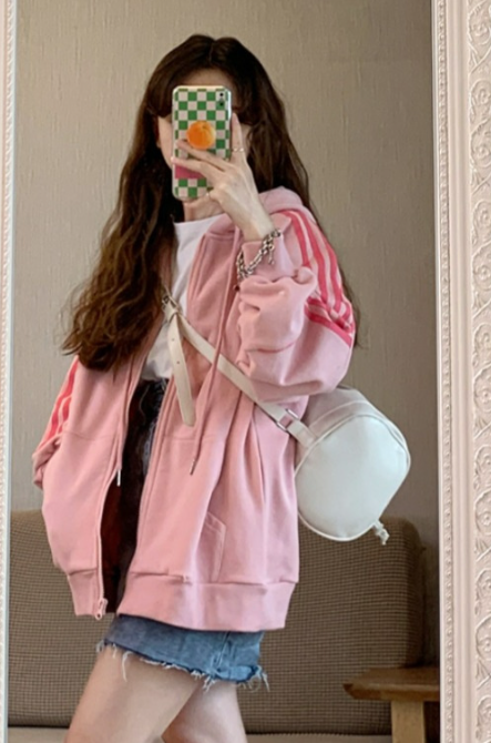 Oversize-Kapuzenpullover mit Reißverschluss und Persönlichkeitsdruck in Rosa