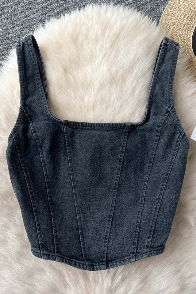 Denim Design Camisole Square Neck Zipper High Street Ladies Tank Top