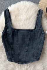 Denim Design Camisole Square Neck Zipper High Street Ladies Tank Top