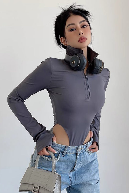 Sexy Tight Half Zippered Lapel Bodysuit