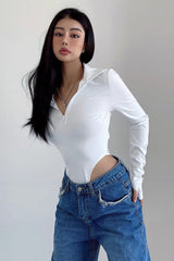 Sexy Tight Half Zippered Lapel Bodysuit