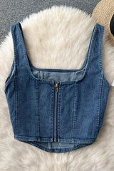 Denim Design Camisole Square Neck Zipper High Street Ladies Tank Top