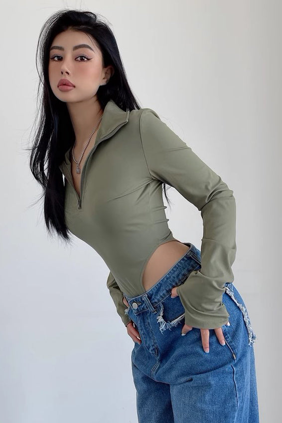 Sexy Tight Half Zippered Lapel Bodysuit
