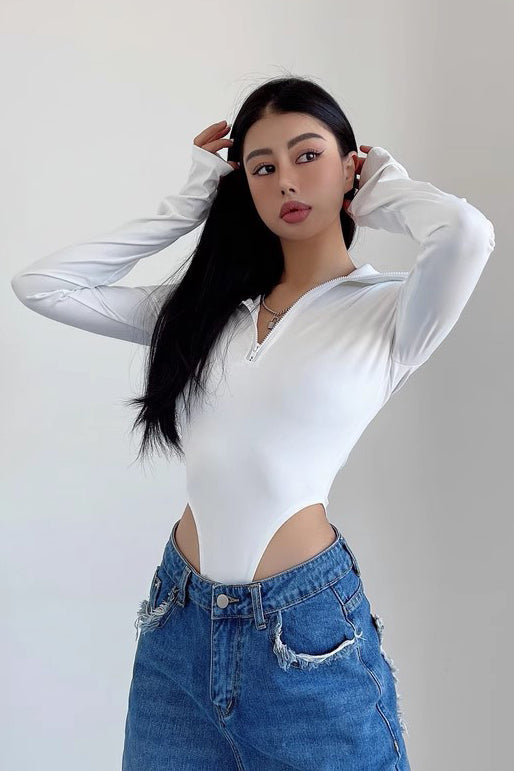 Sexy Tight Half Zippered Lapel Bodysuit
