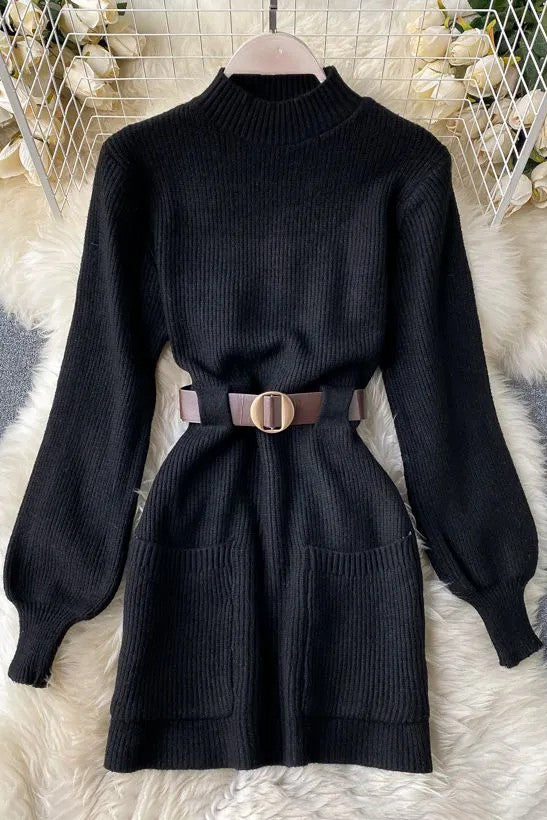 Elegantes kurzes Strickkleid mit Schärpenband und Puffärmeln