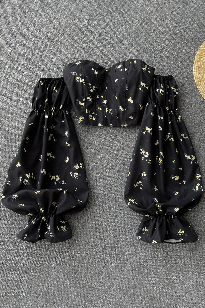 Strapless Floral Blouse Elastic Ruched Slim Long Sleeve Tops Off Shoulder Short Blouser