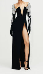 Schwarzes schulterfreies Maxi-Bandage-Kleid 