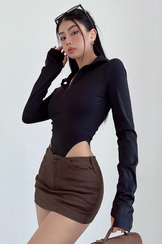Sexy Tight Half Zippered Lapel Bodysuit
