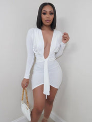 Solid color deep V-neck long sleeve tassel pleated ultra short dress