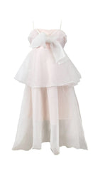 Suspender Bow Strapless Seersucker Dress In White