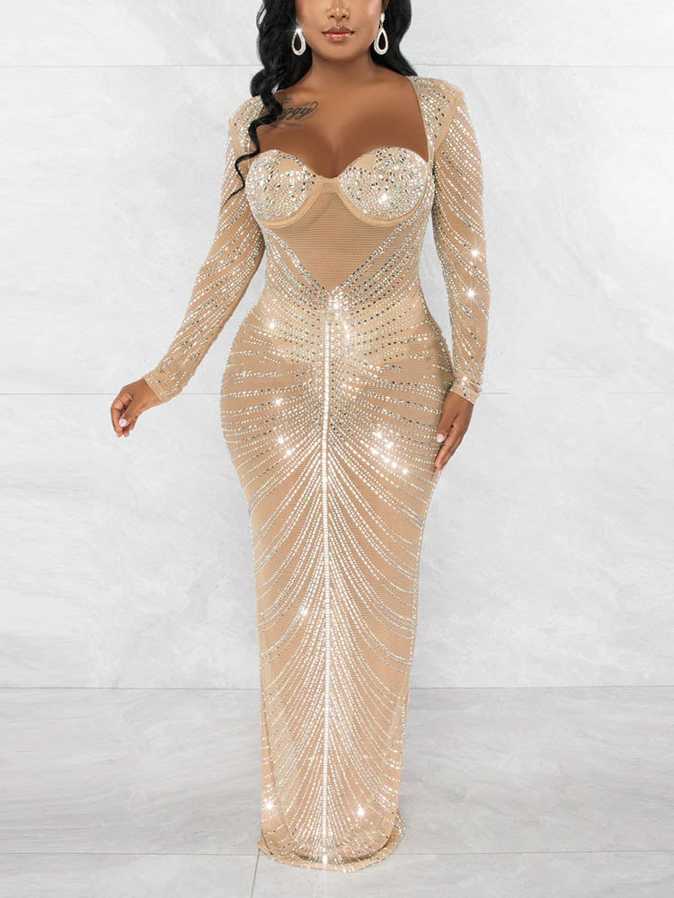 Mesh Sheer Rhinestones Long Sleeves Dress