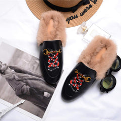 Casual Buckle Fur Embroidery Mules Slippers Shoes