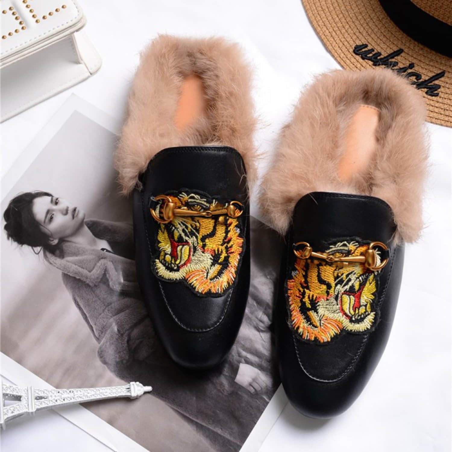 Casual Buckle Fur Embroidery Mules Slippers Shoes