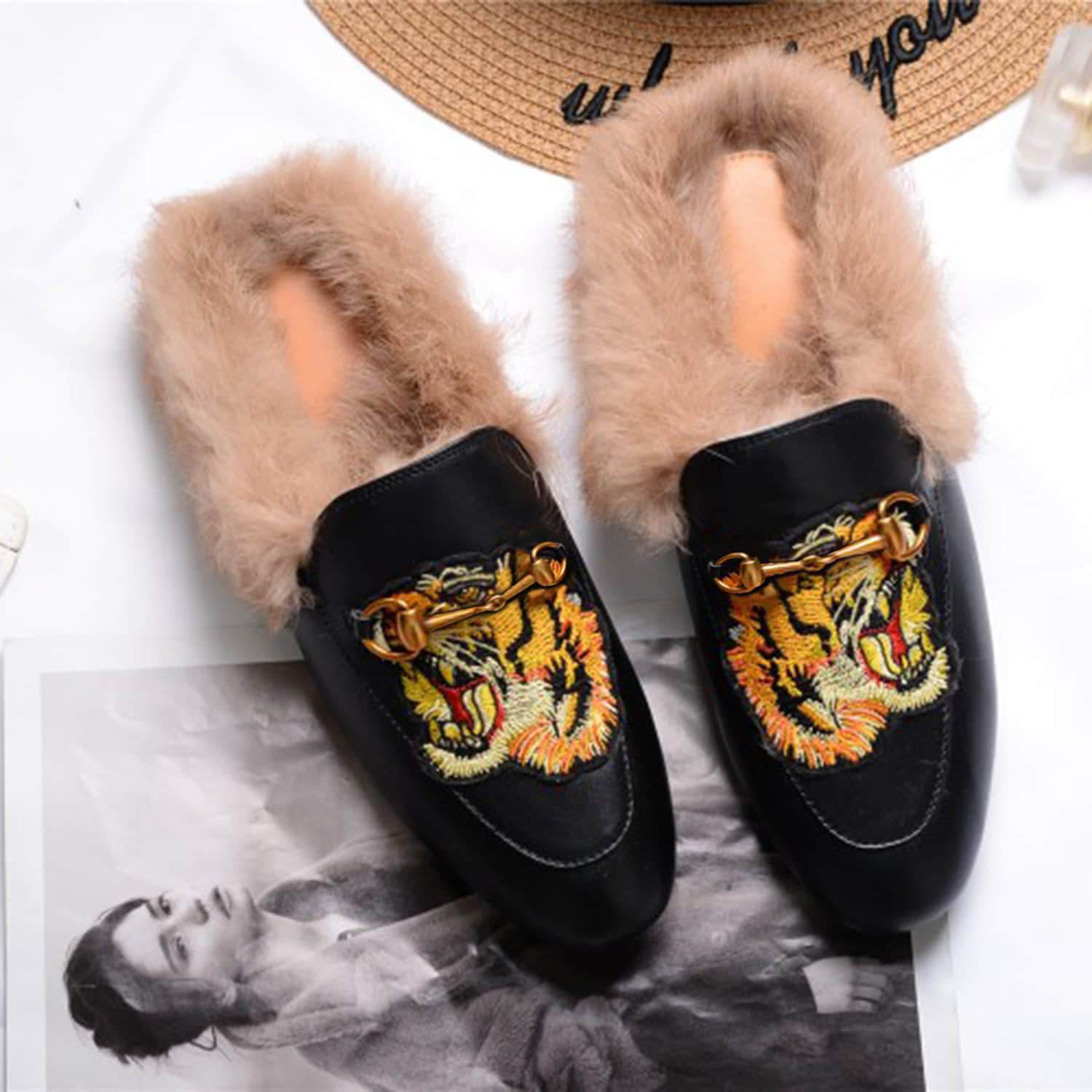 Casual Buckle Fur Embroidery Mules Slippers Shoes